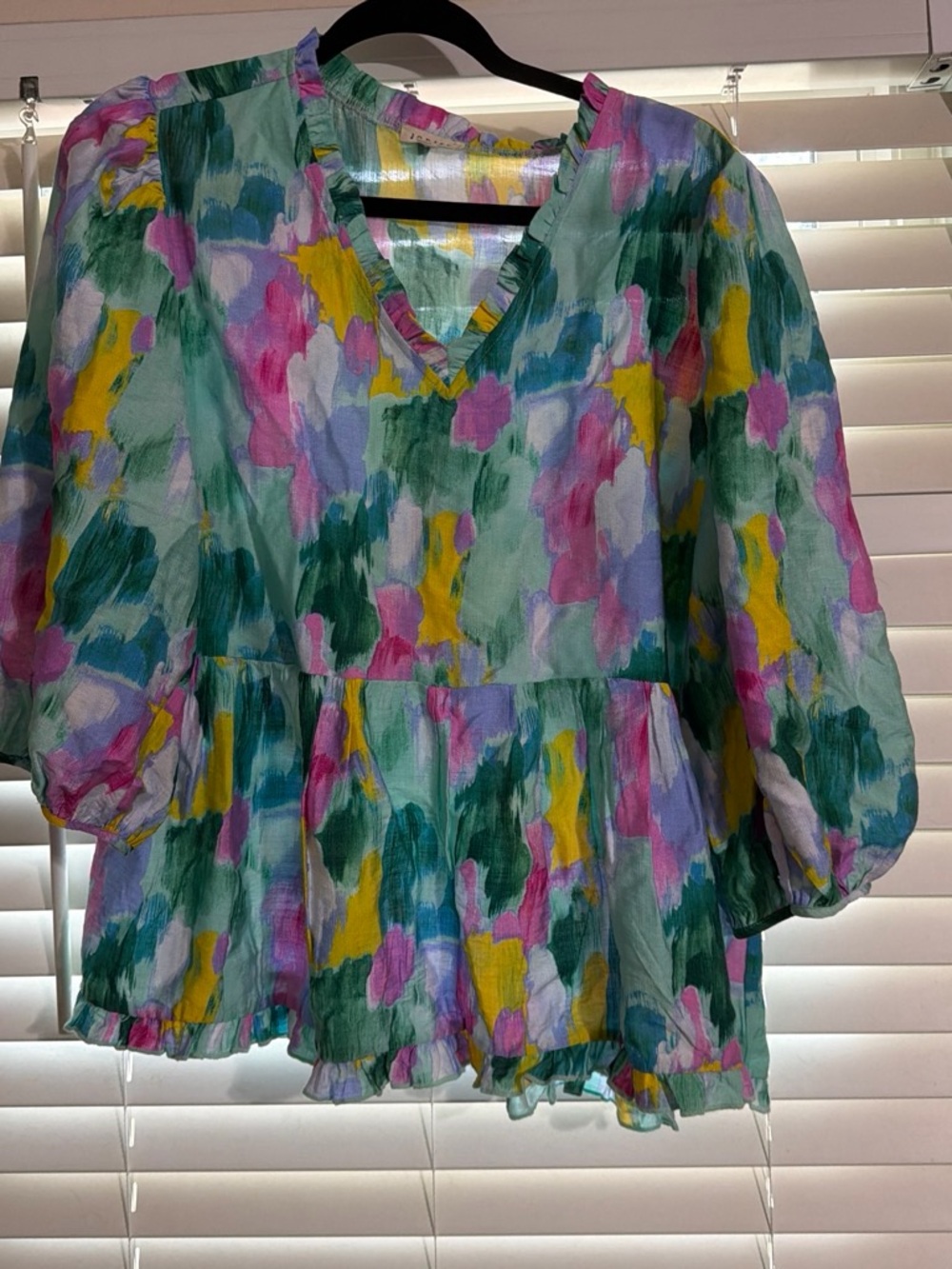 JODIFL Multicolor V-Neck Peplum Blouse - Green Pink Yellow Blue - Picture 3 of 4